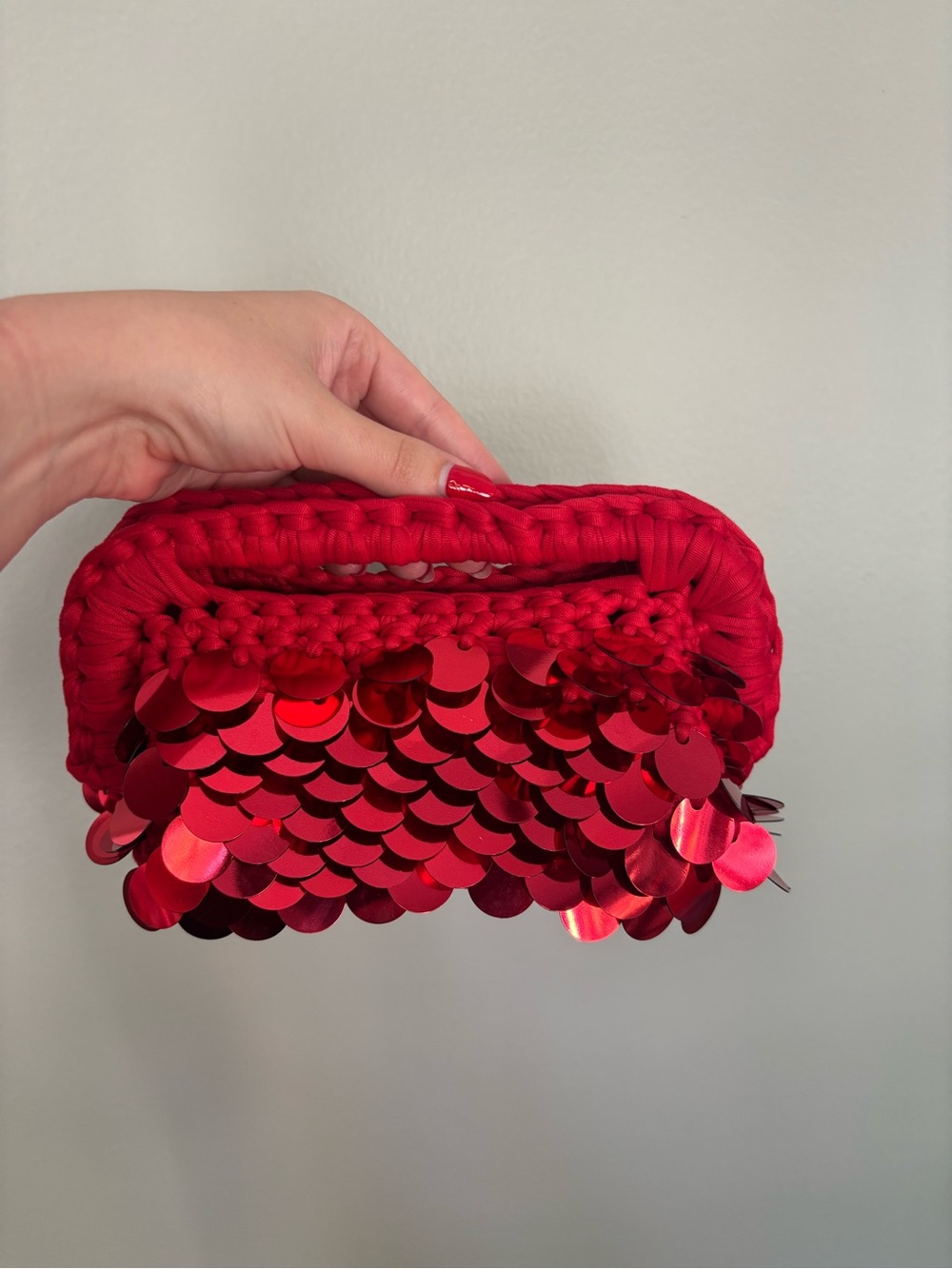 Red Sequin Crochet Clutch Handbag